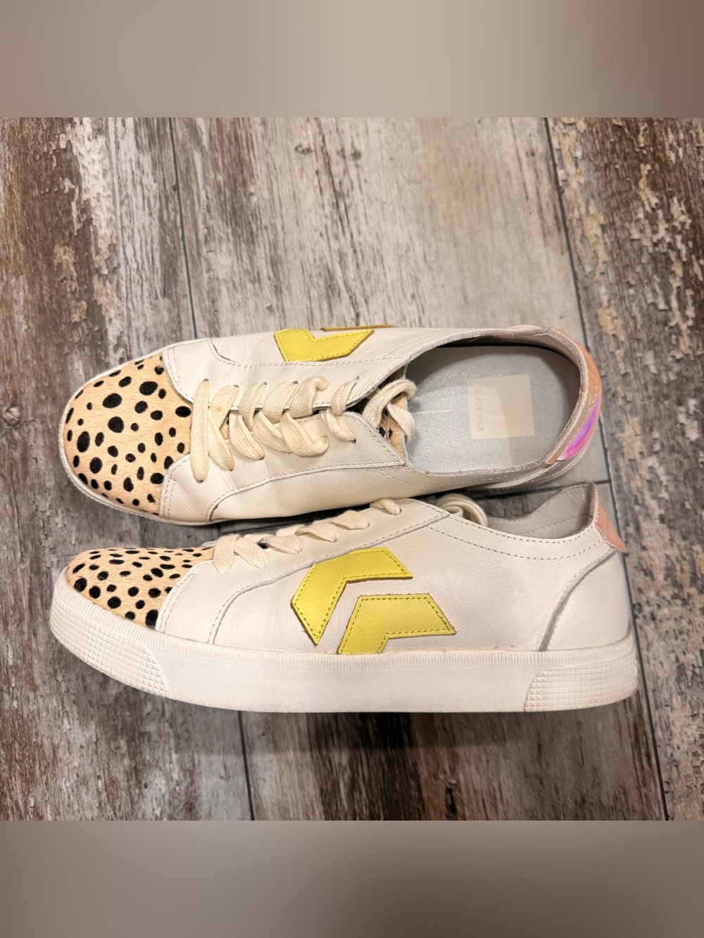 Dolce Vita Cream Leather Sneakers with Yellow & Leopard Toe